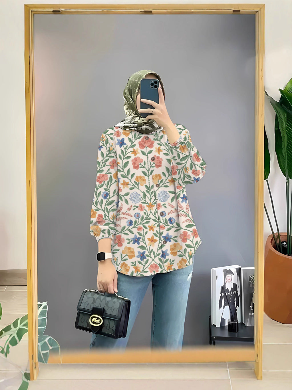 Women's Floral Print Long Sleeve Muslim Shirt