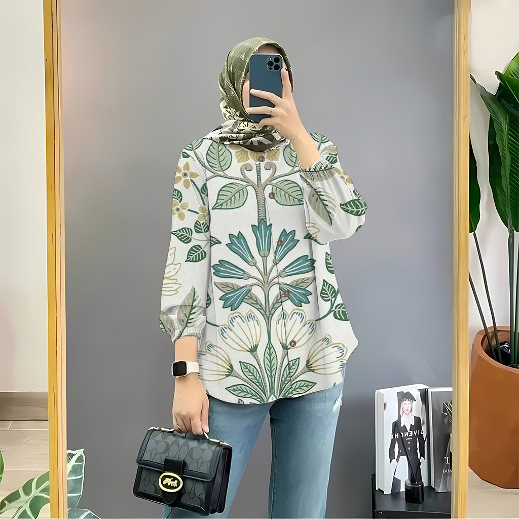 Women's Floral Print Long Sleeve Muslim Shirt