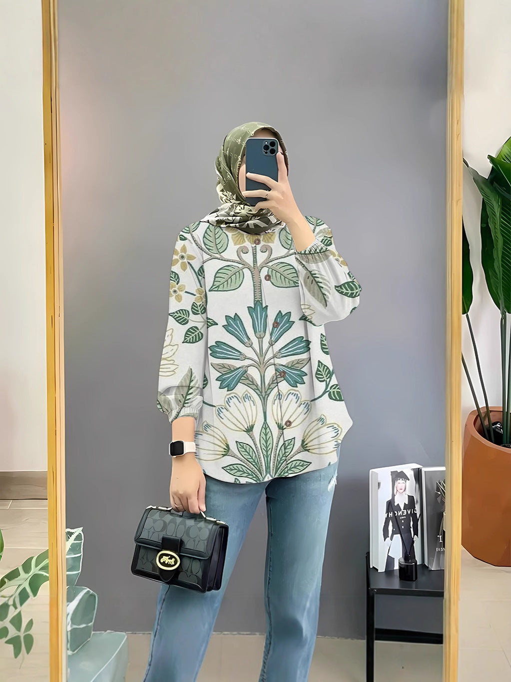 Women's Floral Print Long Sleeve Muslim Shirt