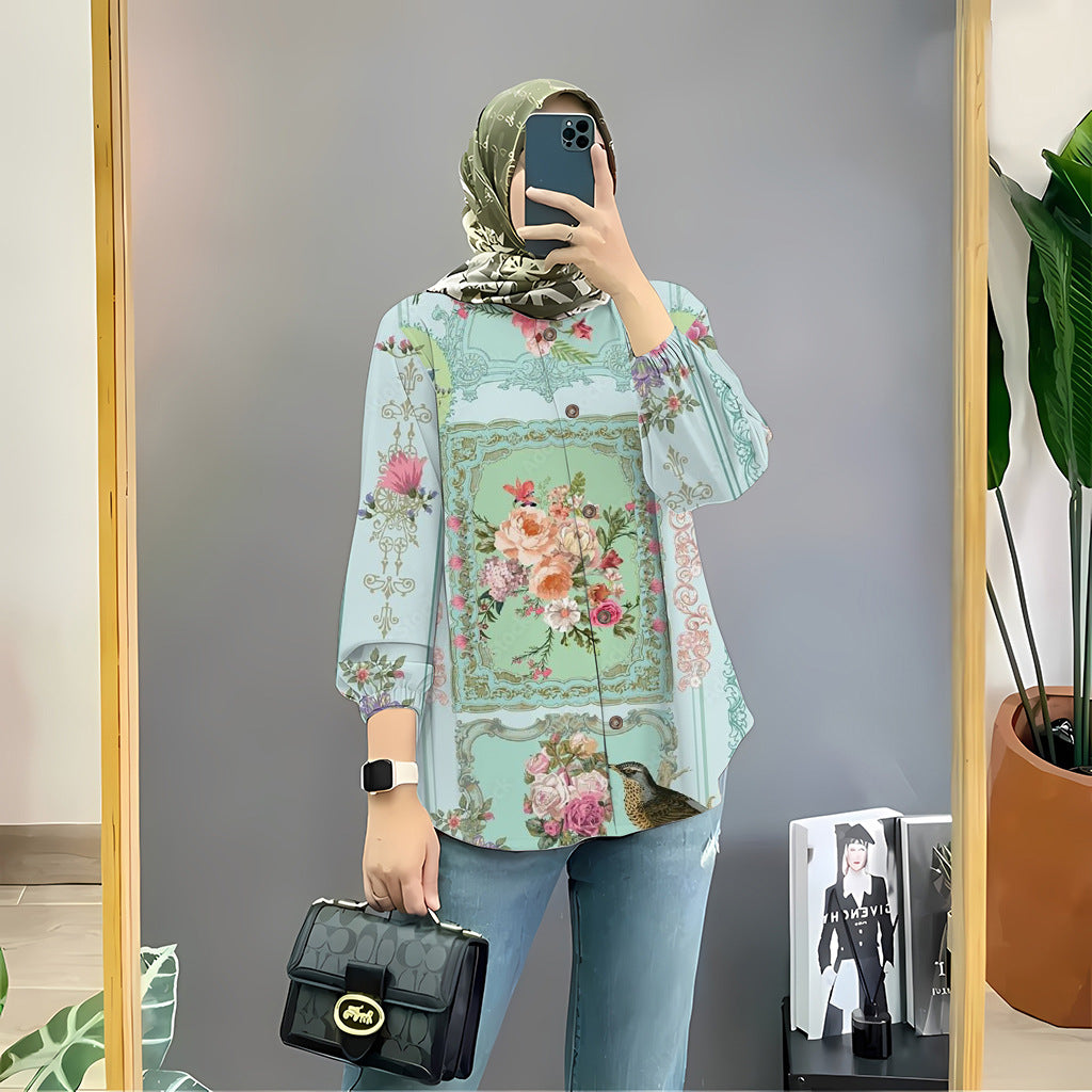 Women's Floral Print Long Sleeve Muslim Shirt