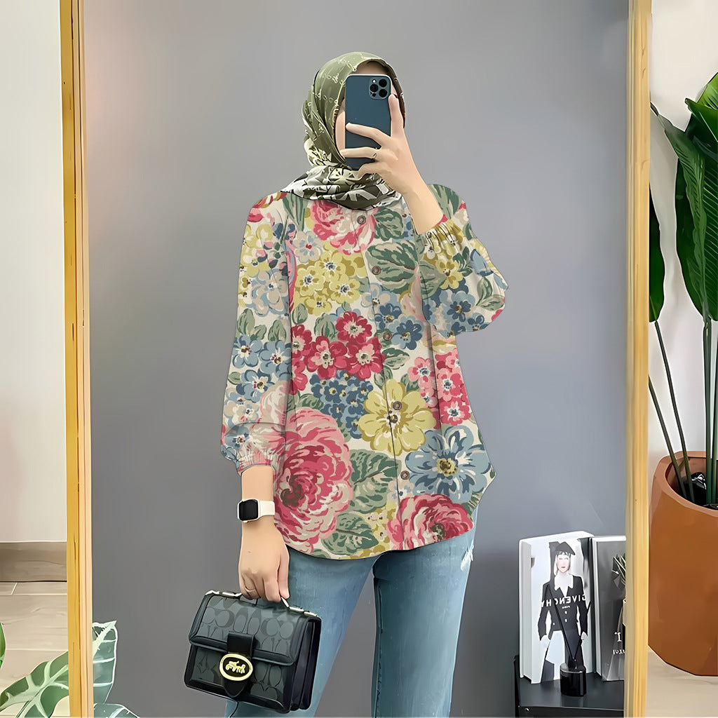 Women's Floral Print Long Sleeve Muslim Shirt