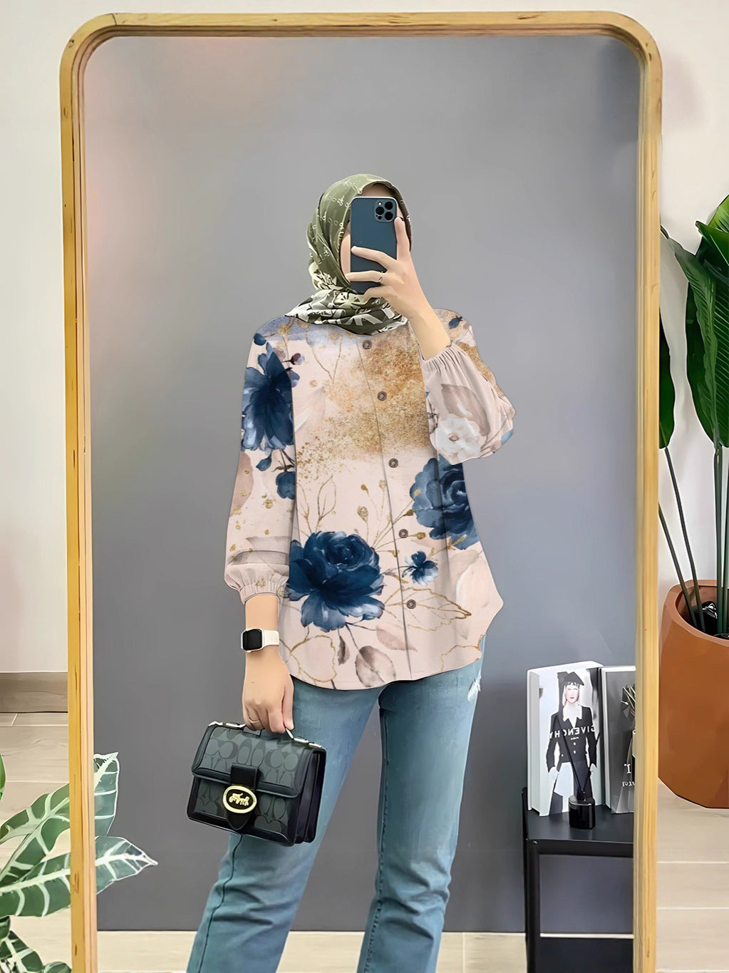 Women's Floral Print Long Sleeve Muslim Shirt