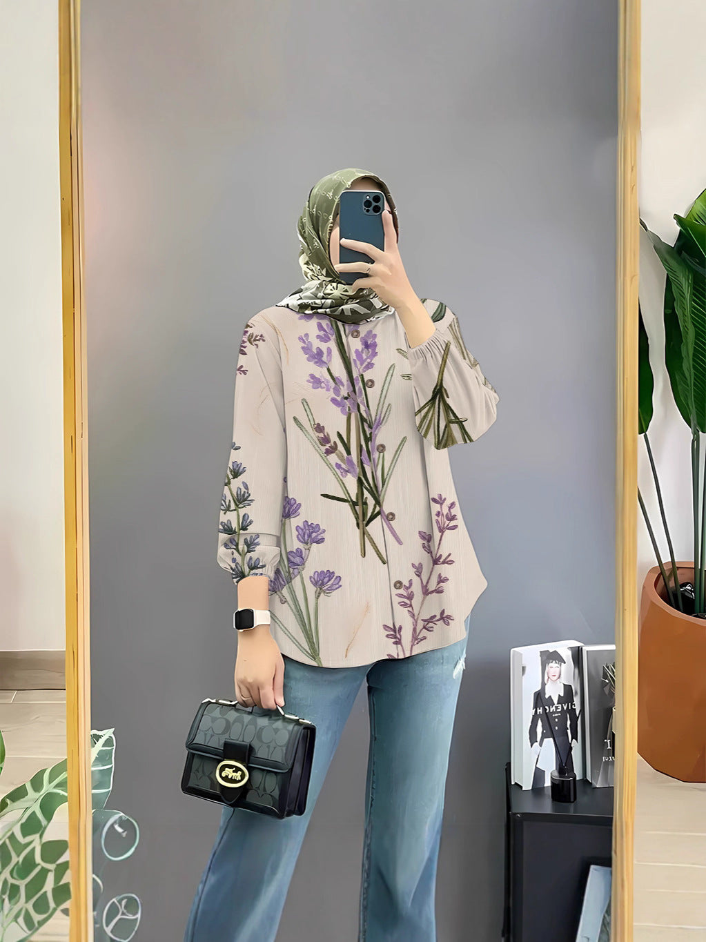 Women's Floral Print Long Sleeve Muslim Shirt